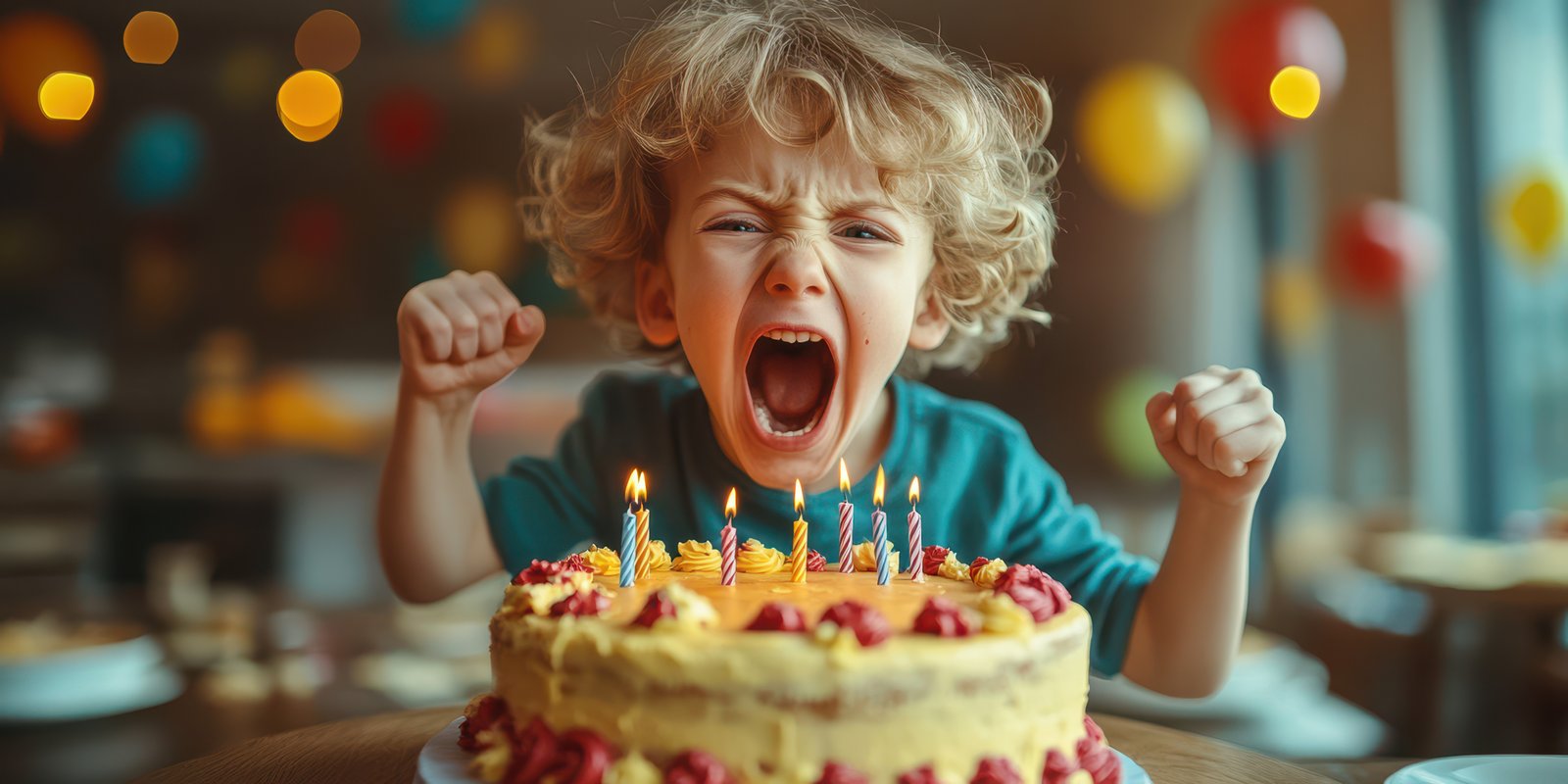 Child celebrates birthday with excitement and a cake adorned with candles in a festive atmosphere filled with decorations